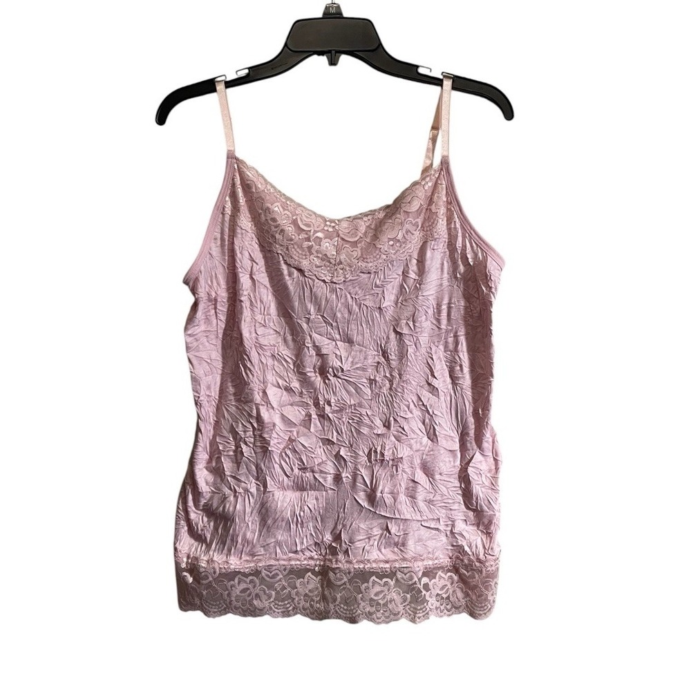Y2K Lane Bryant 1X Pink Lace Trim Cami Tank Crinkle Coquette Romantic Fairy